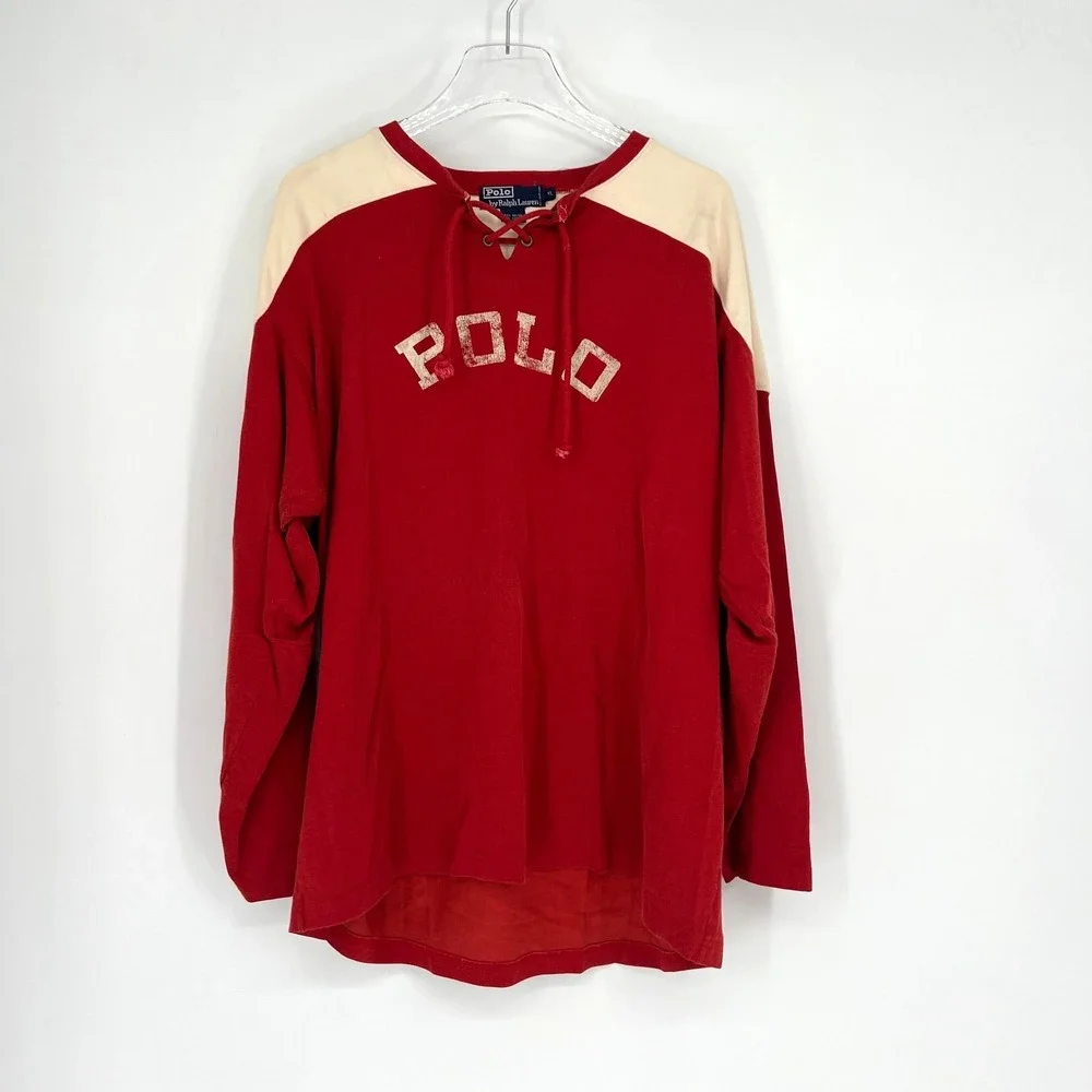 Vtg‎ Polo Ralph Lauren Shirt Mens XL 90s Y2K Red White Logo Spellout Rare Preppy